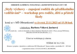 „Styly výchovy – zapojení rodičů do předškolního vzdělávání“ – workshop pro rodiče, děti a přátelé školy 1